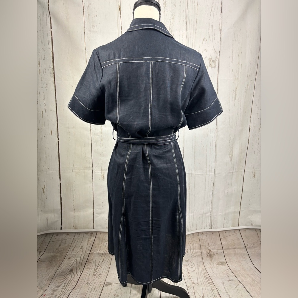 Linen Dress Button Up Navy White Stitching Belted - Picture 4 of 9